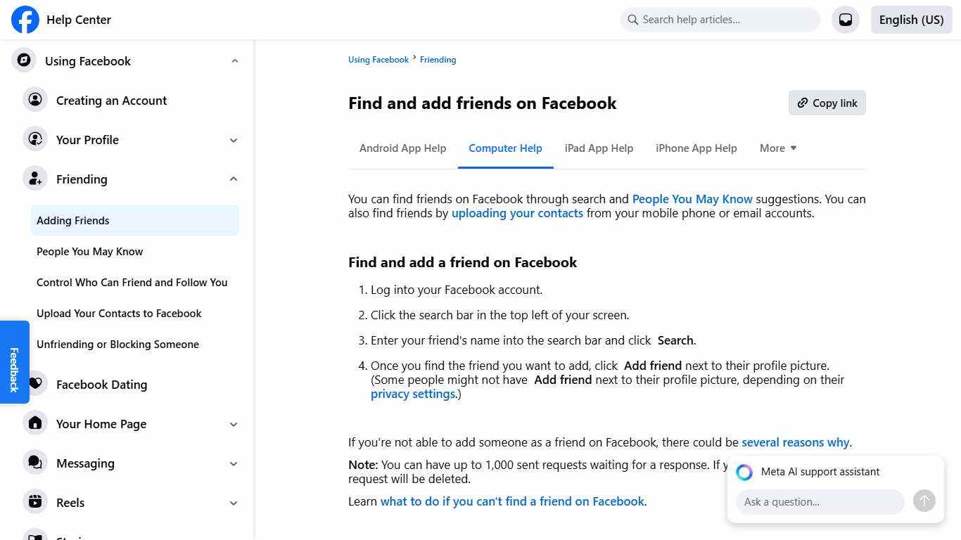 Find and add friends on Facebook Facebook Help Center